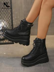Fall/Winter 9cm Platform Black Ankle Boots For Women, Fashion Comfortable Thick Sole Round Toe Lace-Up & Zipper Ankle Boots, Casual Outdoor - Black - View 2