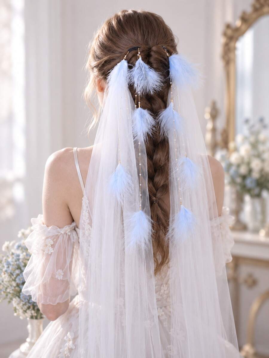 Light Blue Feather Pearl Chain Veil Hair Clips Bridal Wedding Party Hair Accessories - Multicolor - View 1