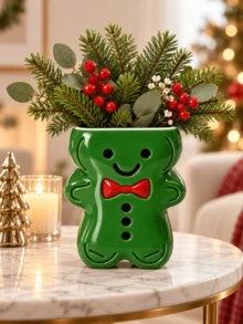 1 Piece Cute Cartoon Gingerbread Man Shaped Vase, 3D Embossed Detail Decorative Flower Holder For Christmas Tabletop Home Decor - Gingerbread Man - View 6