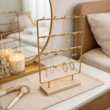 4-Tier 20-Hook Metal Jewelry Stand With Wooden Base, Iron Necklace Organizer, Desktop Jewelry Display Rack With 20 Hooks, Suitable For Necklaces, Earrings, Bracelets, Rings, Bangles, Desktop Jewelry Storage Rack, Suitable For Bedroom Vanity, Bathroom Countertop, Makeup Table, Perfect Gift For Women And Girls - Multicolor - View 3