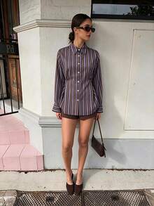 SuofeiMan Women's Casual Striped Long Sleeve Shirt Collar Top, Slim Waist, Front Button Design, Suitable For Autumn Daily Commute, Dining, Dating - Coffee Brown - View 2