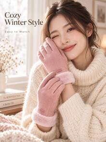 1 Pair Women's Autumn/Winter Warm Gloves, Touchscreen Compatible, Thick Thermal Lined Windproof, Cute Style Suitable For Students, Cycling And Daily Use - Multicolor - View 7