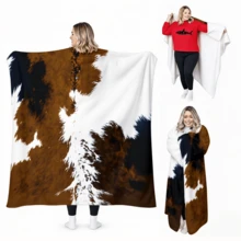 1PC Brown White Cow Print Wearable Blanket-Soft And Comfortable For Both Men And Women. Great For Everyday Use, Camping, Travel, And A Thoughtful Holiday Gift - Multicolor - View 3