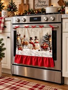 Farmhouse Christmas Stove Oven Curtain, Red Gingham Checkered Kitchen Curtain With Tie Bows, Ruffled Christmas Kitchen Decor Curtain For Stove Front Decoration - B - View 1