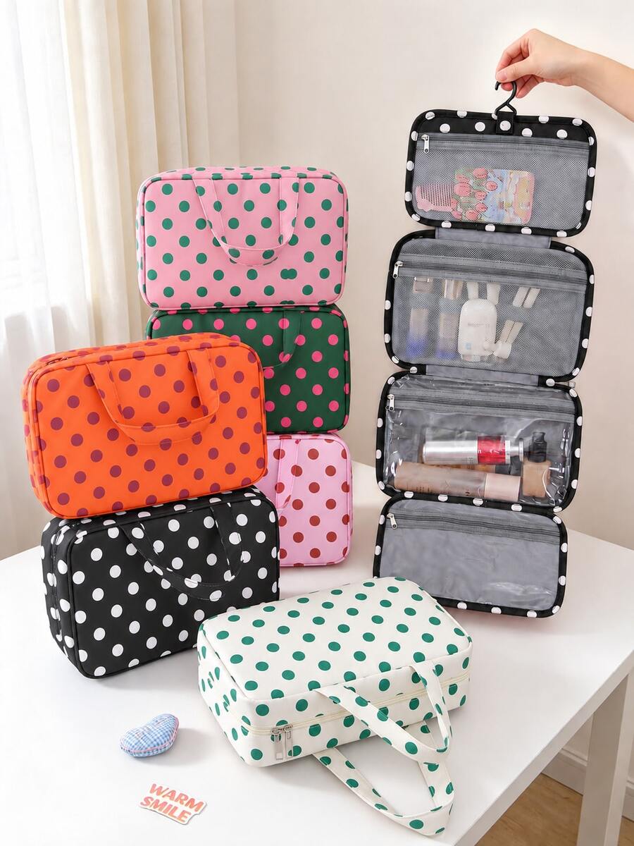 Children's Large Capacity Multi-Compartment Portable Travel Storage Bag, Polka Dot Color-Block Design, Foldable Hanging Multi-Function Cosmetic Bag, Handheld Zippered Separated Storage Bag, Business Travel Essential, Bathroom Hanging Skincare Storage Bag, Travel Essential, Suitable For Daily Commute, Vacation, Business Travel, Dorm Use,