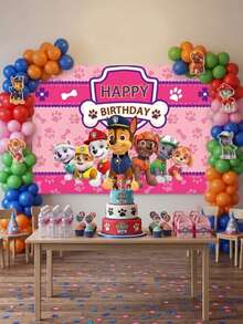 Paw Patrol Birthday Photo Backdrop, Cute Cartoon Rescue Dog Happy Birthday Banner Background, Soft Material Reusable Party Wall Decoration, Perfect For Birthday Celebration, Theme Party, Photography, Cake Dessert Table Backdrop, Available In Different Styles For Boys And Girls - Multiple Styles - View 1