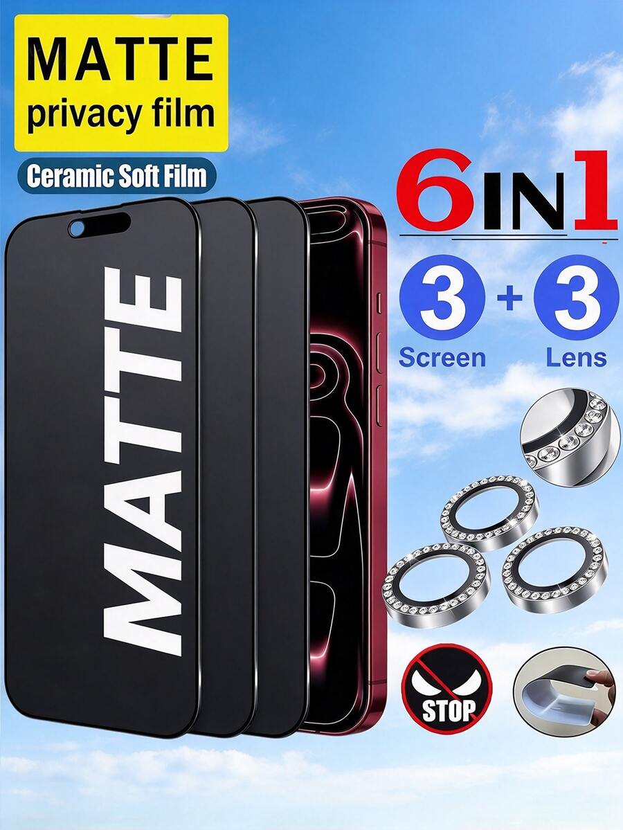 6合1 霧面隱私陶瓷軟膜套裝，適用於 iPhone，3片防偷窺螢幕保護膜 + 3片鑽石鏡頭玻璃保護膜，防眩光、防偷窺、耐刮，全覆蓋鏡頭保護，適用於 iPhone 18 Pro Max 18 Pro