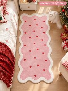 1pc Blush Pink Small Heart Faux Cashmere Long Strip Rug, Creative Wavy Asymmetrical Outline, Beige Double-Layered Edging, Scattered Red Heart Pattern, Soft And Sweet Style, Suitable For Bedroom Bedside Soft Decor, Wavy Edge Asymmetrical Long Strip Outline. Suitable For Bedroom Bedside, Living Room, Entryway Placement, Fluffy And Soft, Machine Washable, Creating A Gentle And Bright Home Atmosphere. - Multicolor - View 4
