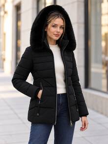 Women Faux Fur Trim Hooded Zip Up Padded Coat, Slim Fit Winter Padded Jacket With Zipper Pockets - Black - View 1