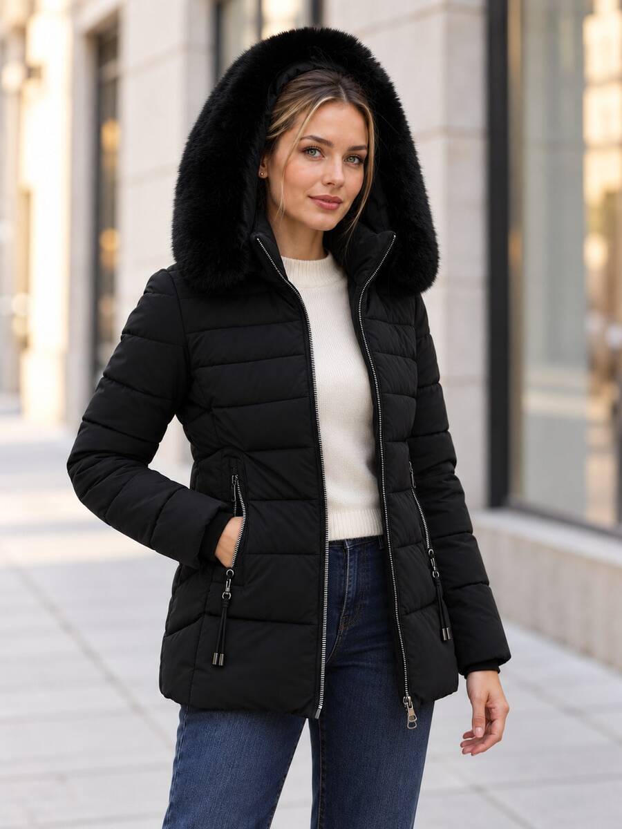 Women Faux Fur Trim Hooded Zip Up Padded Coat, Slim Fit Winter Padded Jacket With Zipper Pockets - Black - View 1