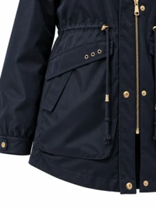 Women Hooded Parka Coat With Faux Fur Trim, Drawstring Waist Thermal Lined Winter Padded Jacket With Multi Pockets - Navy Blue - View 4