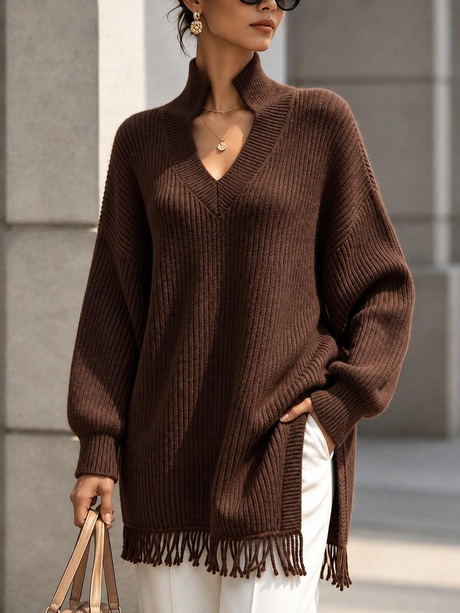 Plus Size Women's Brown Knit Sweater With Turn-Down Collar, V-Neck, Tassel Hem, Loose Fit, Dropped Shoulders, Thick Ribbed Pullover - Coffee Brown - View 1