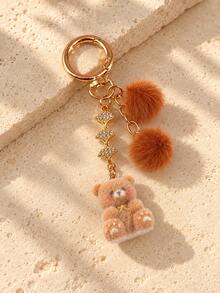 HAILIAN Flocked Teddy Bear Bag Charm, Double Pom Pom Fur Keychain With Rhinestone Star Chain, Pink And Brown Handbag Accessory - Multicolor - View 12
