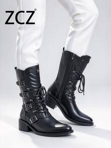 ZCZ 中筒騎士靴，多扣飾設計，側邊綁帶拉鍊粗跟西式靴 - 黑色 - 查看 5