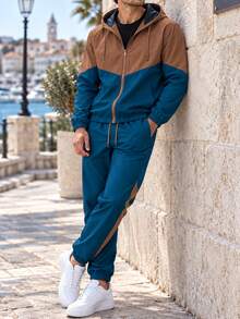 1 Set Men's Autumn Colorblock Woven Hooded Outfit, Zipper Jacket & Joggers, Casual College Style Vacation Streetwear Set - Navy Blue - View 4