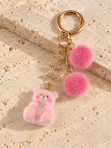 HAILIAN Flocked Teddy Bear Bag Charm, Double Pom Pom Fur Keychain With Rhinestone Star Chain, Pink And Brown Handbag Accessory - Multicolor - View 5