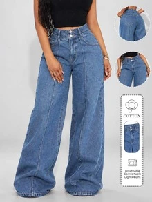 Low Waist Wide Leg Casual Blue Distressed Slanted Pocket Curved Women's Jeans - Blue - View 3