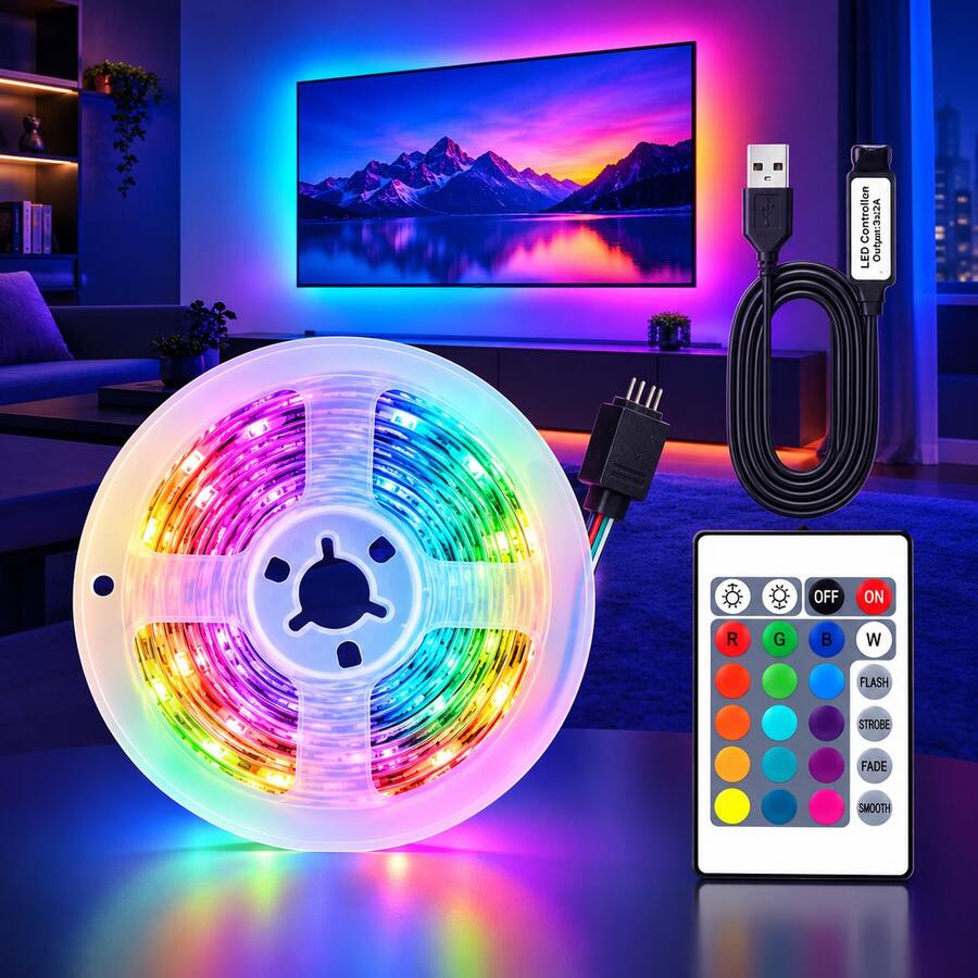 LED Strip Lights RGB, 24 Key IR Controller, USB Powered, Cuttable & Self Adhesive Tape, 3FT-98FT, For Bedroom ,TV Backlight Cabinet, Christmas Party Ambient Light - 24key RGB - View 1