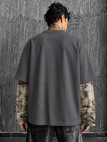 Krometka Men's American Hip-Hop Style Rhinestone Lips Chain Print 2-In-1 Long Sleeve T-Shirt, Leaf Camouflage Patchwork Loose Drop Shoulder Crew Neck Top - Grey - View 7