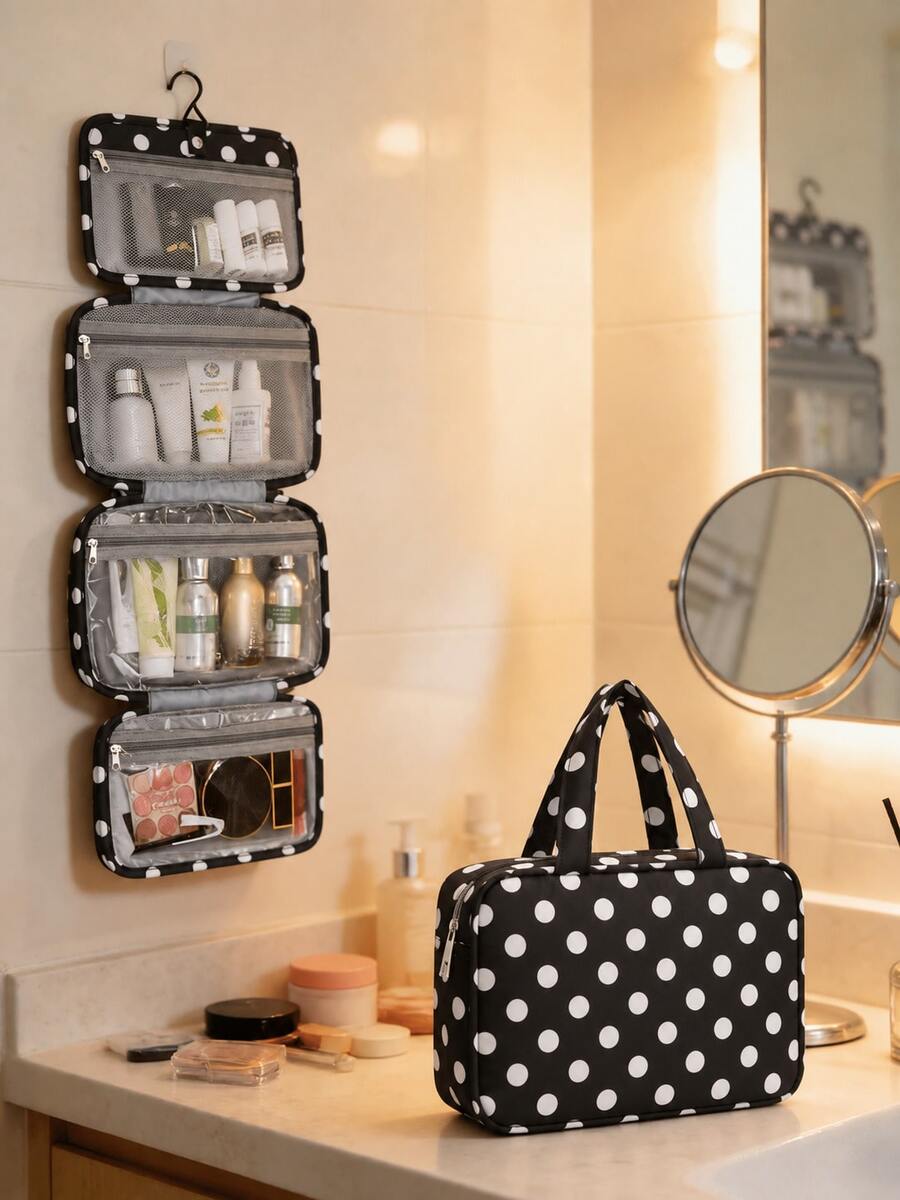 Children's Large Capacity Multi-Compartment Portable Travel Storage Bag, Polka Dot Color-Block Design, Foldable Hanging Multi-Function Cosmetic Bag, Handheld Zippered Separated Storage Bag, Business Travel Essential, Bathroom Hanging Skincare Storage Bag, Travel Essential, Suitable For Daily Commute, Vacation, Business Travel, Dorm Use,