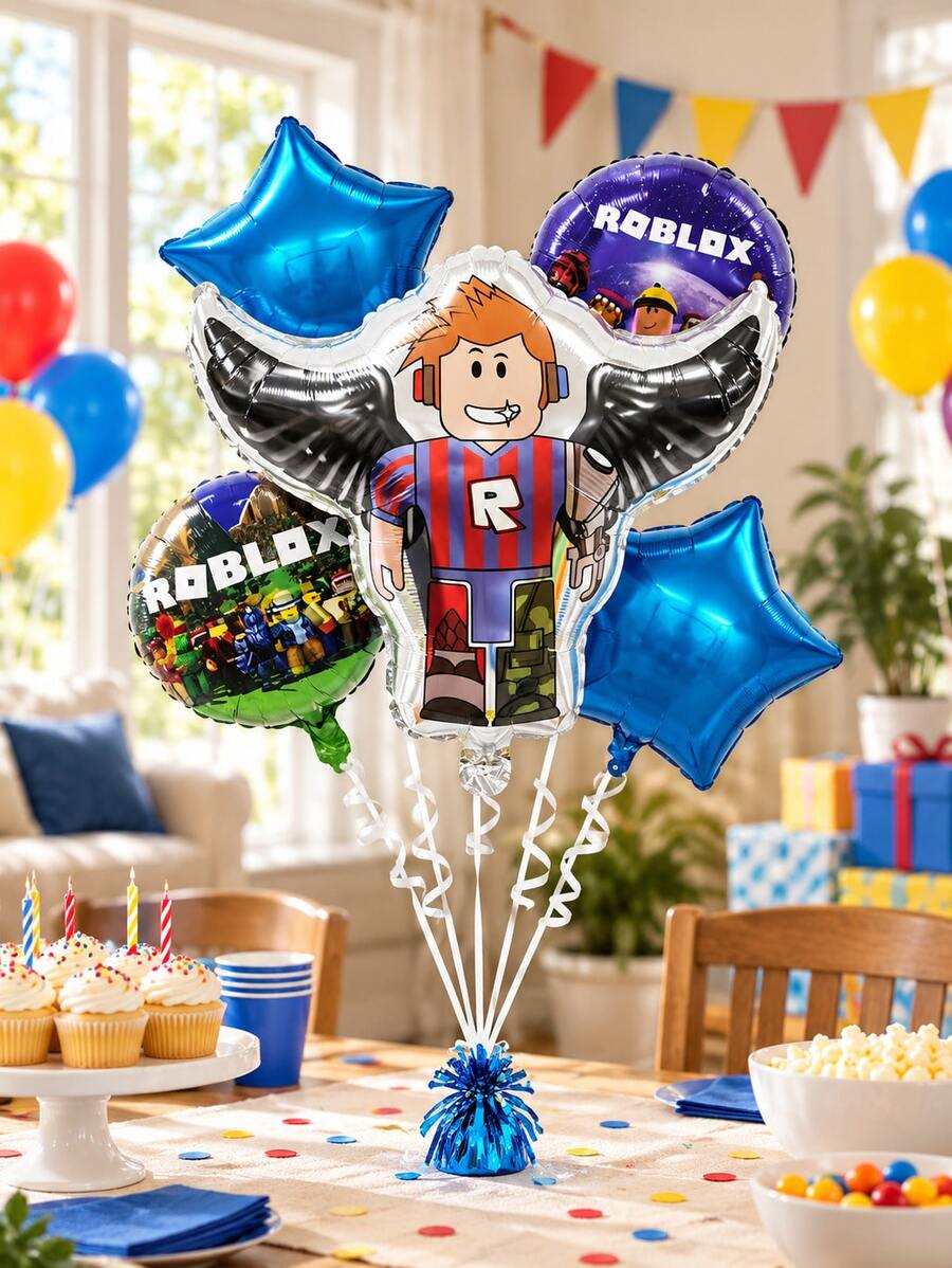 Roblox Winged Avatar 5-Piece Foil Balloon Set, Blue Star & Game Character Balloons, Gaming Birthday Party Supplies For Photo Backdrop, Cake Table, Game Room, Gift Area & Celebration - View 1