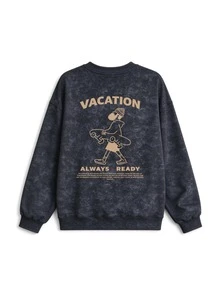 Women's Vintage Skateboard & English Letter Print Sweatshirt, Distressed Washed Effect, Loose Fit, Crew Neck Long Sleeve, Casual Street Style, Autumn/Winter - Black Tie-dye - View 5