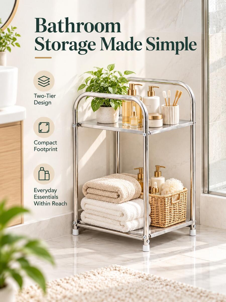 1pc Modern Stainless Steel Bedside Table, With Storage Function, Silver, Home Storage Rack, No Assembly Required, Height Under 27 Inches, Space-Saving Design, No Electricity Needed, Perfect For Placing Next To Sofa And Kitchen, Practical Storage Shelf - Multicolor - View 1