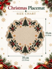 2 PCS Green Christmas Tree Placemats, Rustic Linen Round Scalloped Table Mats, Pine Branch Holly Berry Snowflake Print, Festive Dining Place Mats For Christmas Dinner, Holiday Party, Winter Kitchen Table Decor - Multicolor - View 8