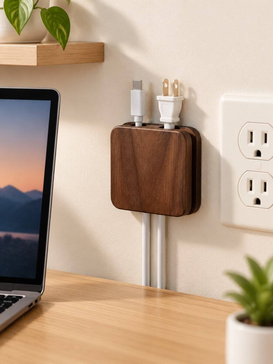 1pc Solid Wood Plug Storage Hook, Black Walnut No-Drill Power Cord Organizer, Wall-Mounted Socket Holder, Cable Management Kitchen Bathroom Bedroom, Rustic Wooden Outlet Organizer, Hanging Hook Wire Hider, Mother's Day Father's Day Gift - View 1