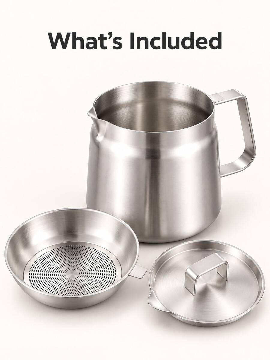 3 PiecesStainless Steel Oil Strainer Set,Cooking Oil Container With Matching Lid And Lift-Out Filter Basket,Silver Kitchen Storage Jug With Pouring Spout And Wide Handle For Daily Oil Filtering Tasks,Pots And Pans,Induction Compatible Pots And Pans - View 1