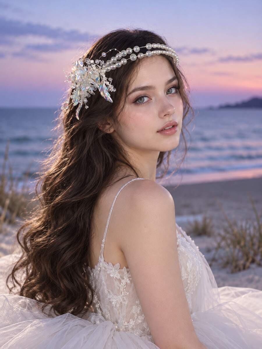 Transparent AB Crystal Beaded Floral Headband For Bridal Wedding Photoshoot Formal Occasion Hair Decor - White - View 1