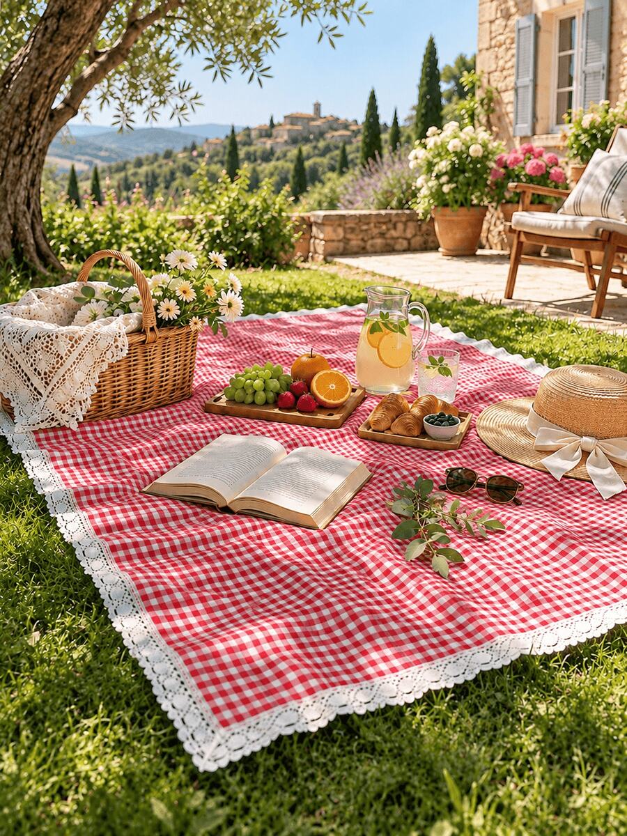 1pc Charming Red & White Plaid Rectangular/Square Picnic Blanket - Wedding Season, Holiday Season Woven Lace Trim Adhesive Tablecloth, Suitable For Autumn/Winter Camping, Beach Outings And Photography Background, Picnic Accessory - Red and White - View 1
