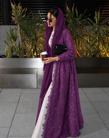 Elegant Women's Burgundy Long Abaya, Exquisite Lace Fabric, Fashionable Style (Non-Sheer) - Purple - View 3
