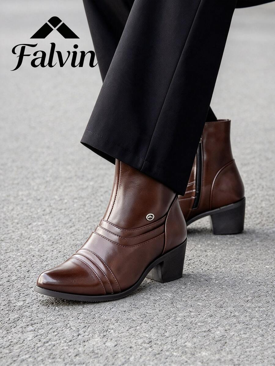 Men's Vintage Western Style Brown Pointed Toe Ankle Boots, Multi-Layer Strap Decor Chunky Square Heel Inner Zipper Non-Slip Wear-Resistant Sole Comfortable Dress Boots, Suitable For Business Commute, Wedding Party, Date Night Out And All-Season Daily Fashion Wear