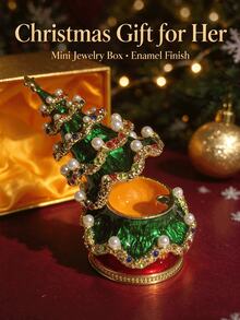 Christmas Tree Enamel Trinket Box, Pearl & Rhinestone Inlaid Hand Painted Metal Ornament, Magnetic Closure Mini Jewelry Storage Box, With Premium Gift Box, Desktop Holiday Table Decor, Christmas Gift For Women, Girls & Friends - 1pc - View 4