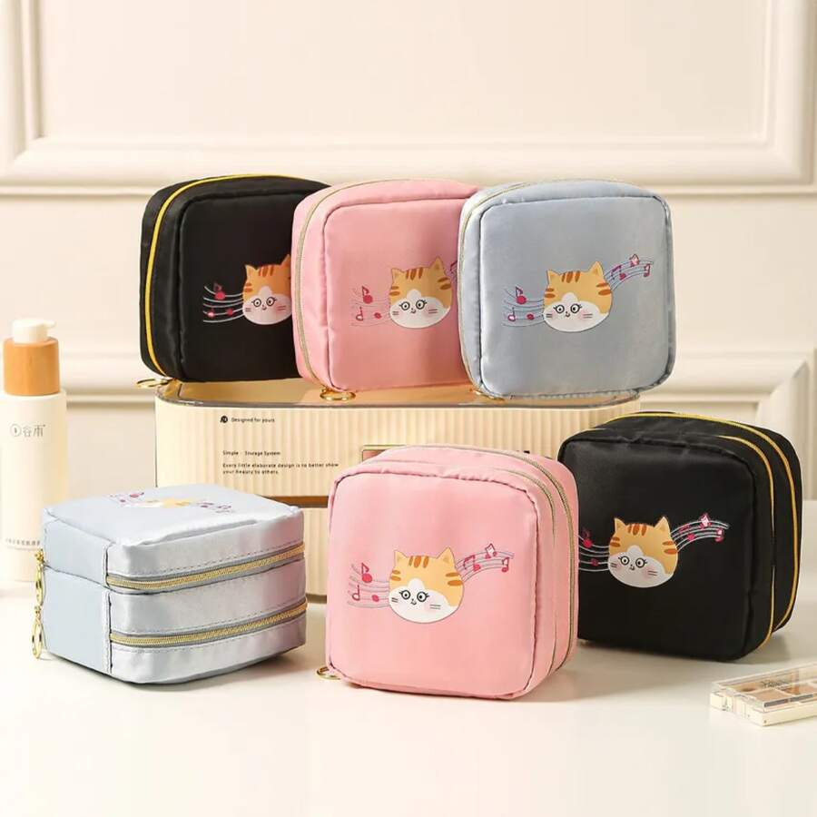 1 buah Tas Penyimpanan Dua Lapis Motif Kucing Kartun, Organizer Multifungsi Kosmetik & Pembalut Wanita Kecil Portabel - MultiWarna - View 1