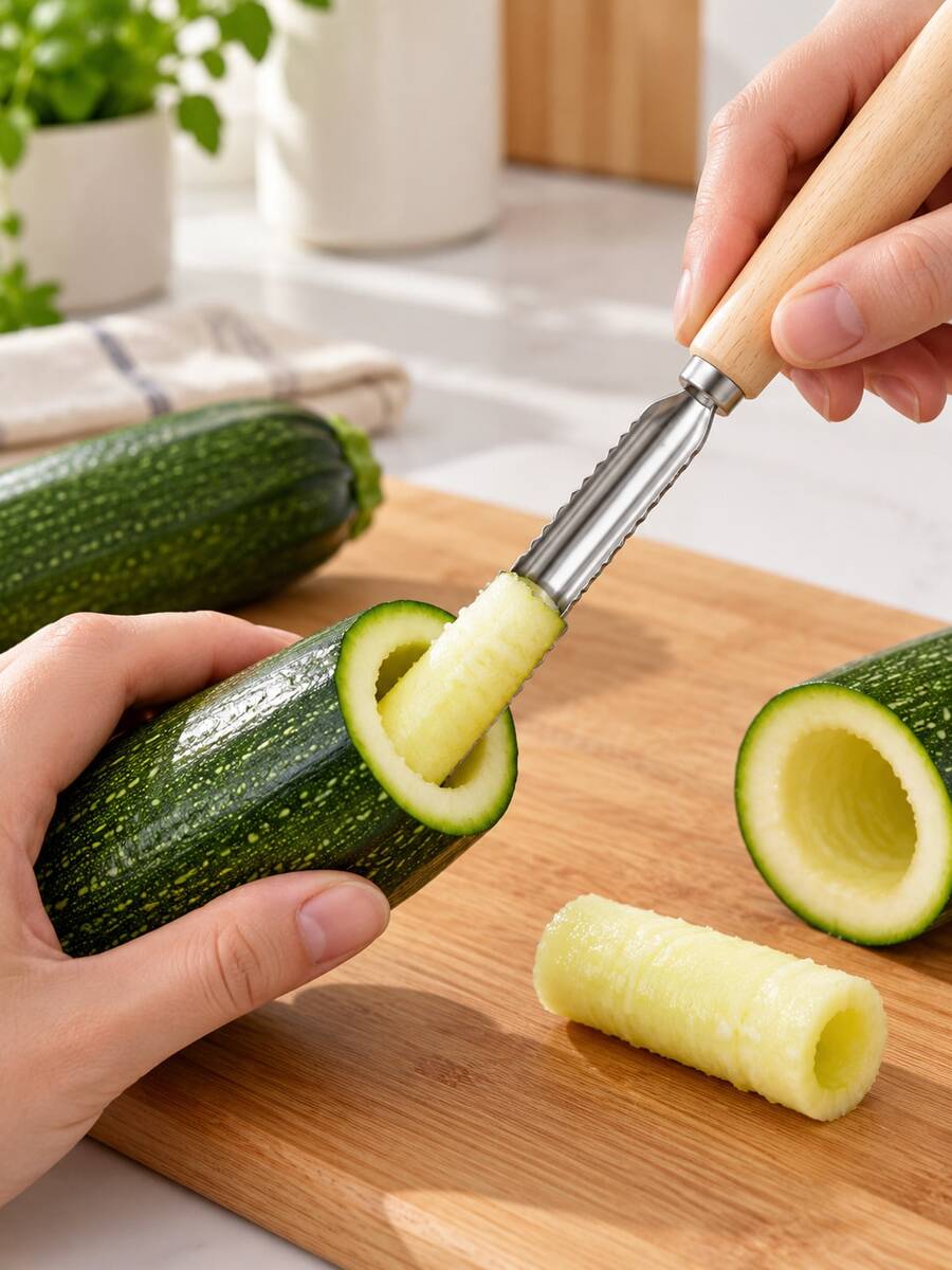 Stainless Steel Fruit And Vegetable Corer, Apple And Pear Corer With Wooden Handle, Serrated Zucchini And Cucumber Coring Tool, Bell Pepper Deseeder, Multi-Function Kitchen Gadget For Fruit And Vegetable Hollowing And Food Preparation