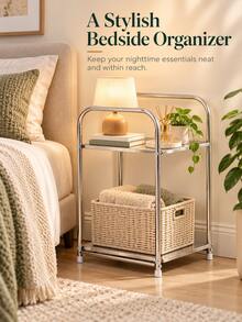 1pc Modern Stainless Steel Bedside Table, With Storage Function, Silver, Home Storage Rack, No Assembly Required, Height Under 27 Inches, Space-Saving Design, No Electricity Needed, Perfect For Placing Next To Sofa And Kitchen, Practical Storage Shelf - Multicolor - View 1