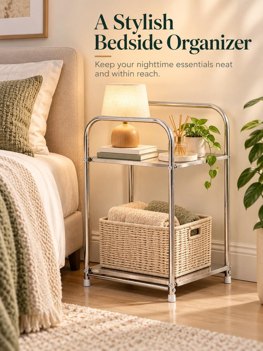1pc Modern Stainless Steel Bedside Table, With Storage Function, Silver, Home Storage Rack, No Assembly Required, Height Under 27 Inches, Space-Saving Design, No Electricity Needed, Perfect For Placing Next To Sofa And Kitchen, Practical Storage Shelf - Multicolor - View 1