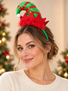 1pc Christmas Elf Hat Headband, Red & Green Color Block 3D Curved Hat With Feather Decor, Holiday Party Costume Photo Prop Headpiece - Multicolor - View 2