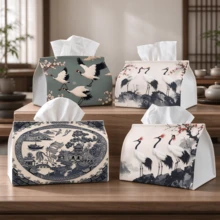 1pc Tissue Box Exquisite Sunset Red-Crowned Crane Ink Painting Pattern Napkin Storage Box Decorative 2D Printed Tissue Holder For Kitchen Living Room Bedroom Bathroom Car Home Decor Organizer Perfect Christmas Gift For Family And Friends - Multicolor - View 2