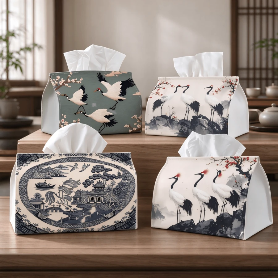 1pc Tissue Box Exquisite Sunset Red-Crowned Crane Ink Painting Pattern Napkin Storage Box Decorative 2D Printed Tissue Holder For Kitchen Living Room Bedroom Bathroom Car Home Decor Organizer Perfect Christmas Gift For Family And Friends