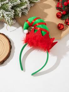 1pc Christmas Elf Hat Headband, Red & Green Color Block 3D Curved Hat With Feather Decor, Holiday Party Costume Photo Prop Headpiece - Multicolor - View 1