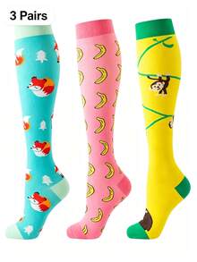 3 Pairs Women's Cute Fox Banana Monkey Pattern Compression Socks, Knee-High Animal Theme Support - Multicolor - View 9