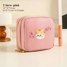 1 buah Tas Penyimpanan Dua Lapis Motif Kucing Kartun, Organizer Multifungsi Kosmetik & Pembalut Wanita Kecil Portabel - MultiWarna - View 7