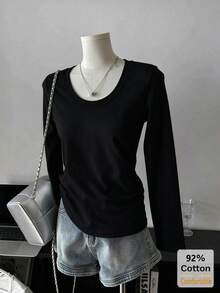 Áo thun nữ tay dài 100% cotton, màu đen đa năng, áo lót lớp trong dáng ôm màu trơn, thu đông - màu đen - Xem 2