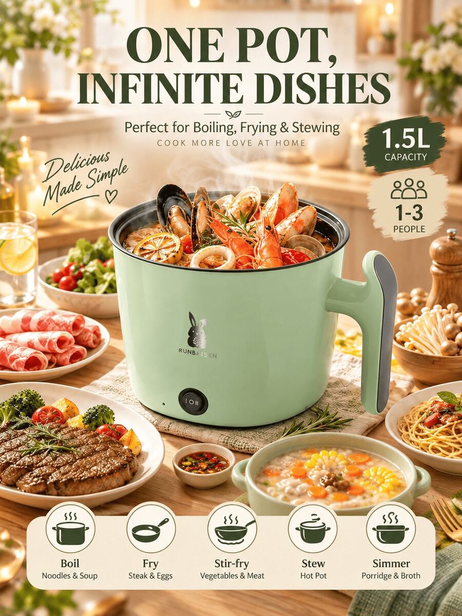 SMEG is gems Ramen Cooker 1.8 Liters Electric Hot Pot, Multifunctional Non-Stick Electric Cooker, Cooking, Frying And Stewing Pot, Dormitory Apartment Use - Green - View 1