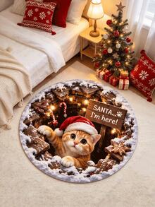 1pc Christmas Orange Cat Round Rug, Adorable Christmas Orange Cat Peeking Out, Creative 3D Visual Design, Full Of Holiday Decoration Fun! Suitable For Living Room Carpet, Carpet, Living Room Area Rug, Area Small Rug, Mat, Home Decor, Living Room Large Carpet, Round Carpet, Living Room Home Decor, Room Decor, Washable Carpet - Multicolor - View 6