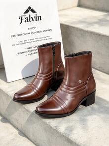 Men's Vintage Western Style Brown Pointed Toe Ankle Boots, Multi-Layer Strap Decor Chunky Square Heel Inner Zipper Non-Slip Wear-Resistant Sole Comfortable Dress Boots, Suitable For Business Commute, Wedding Party, Date Night Out And All-Season Daily Fashion Wear - Brown - View 8