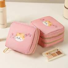 1 buah Tas Penyimpanan Dua Lapis Motif Kucing Kartun, Organizer Multifungsi Kosmetik & Pembalut Wanita Kecil Portabel - MultiWarna - View 3